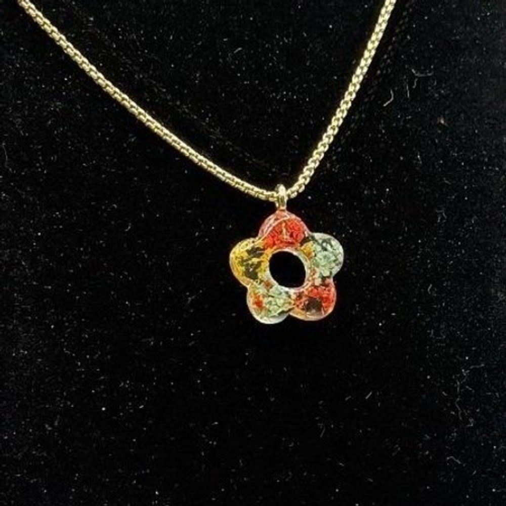 Gold Chain Necklace Resin Colorful Flower Pendant 18-21" crystal accent